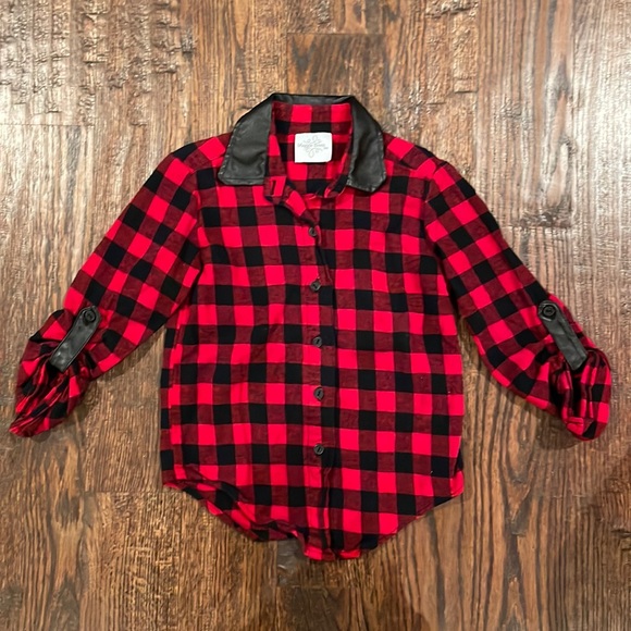 Red and black plaid flannel with black leather trim size 5 - Picture 1 of 3